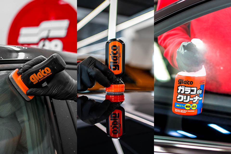 Collage of 3 photos showing Soft99 car glass care products. The photos depict a process of preparing, coating and maintaining a glass surface on a car.