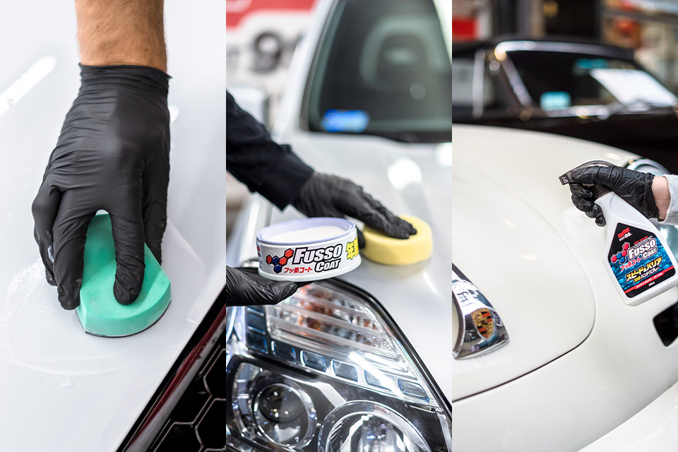 Collage of 3 photos showing Soft99 car paintwork care products. The photos depict a process of preparing, coating and maintaining a painted surface on a car.